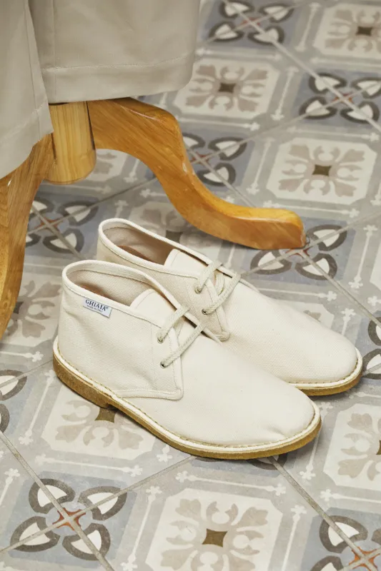 Deconstructed Cotton Canvas Desert Boots sold by Ghiaia Cashmere