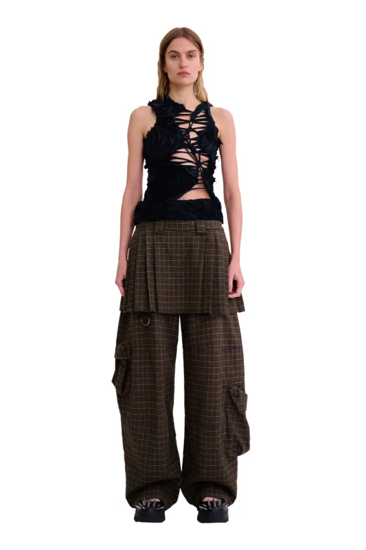 CHARCOAL PLAID LAWN SKIRT CARGO PANT sold by Collina Strada