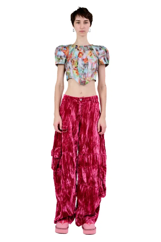 HOT PINK VELVET LAWN CARGO PANT sold by Collina Strada