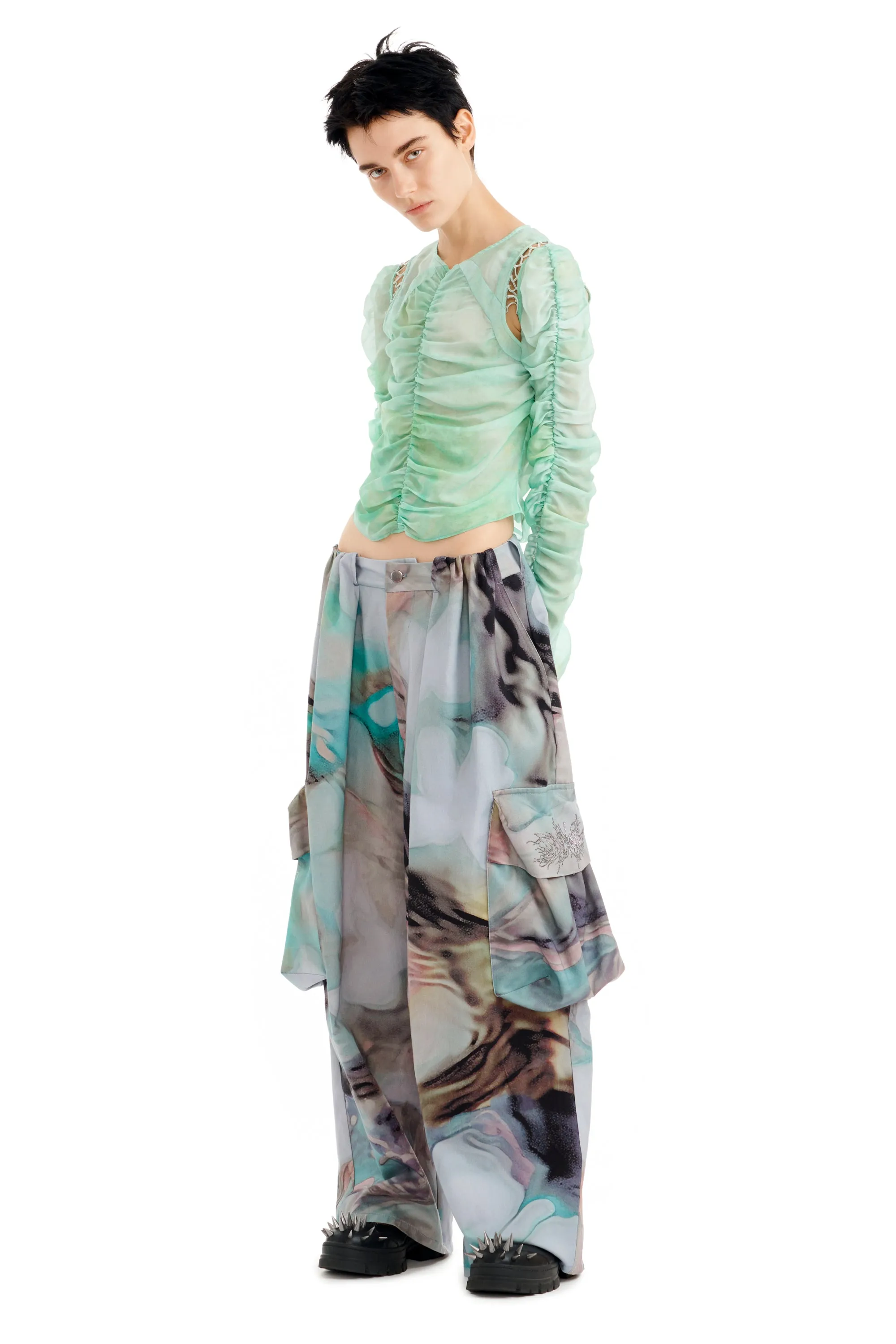 RHINESTONE OIL MOLD PLEATED CARGO PANT sold by Collina Strada product image thumbnail 2