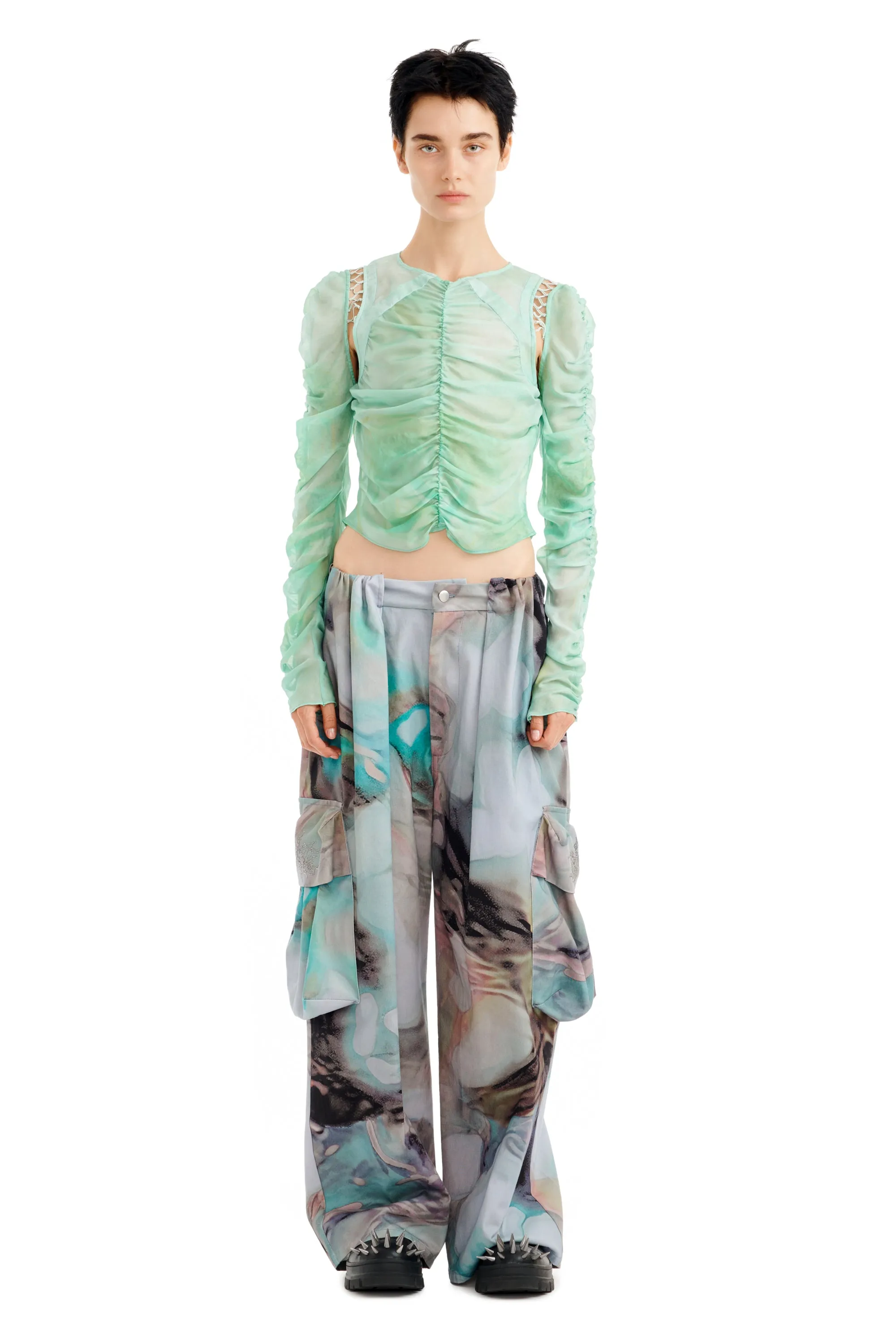 RHINESTONE OIL MOLD PLEATED CARGO PANT sold by Collina Strada