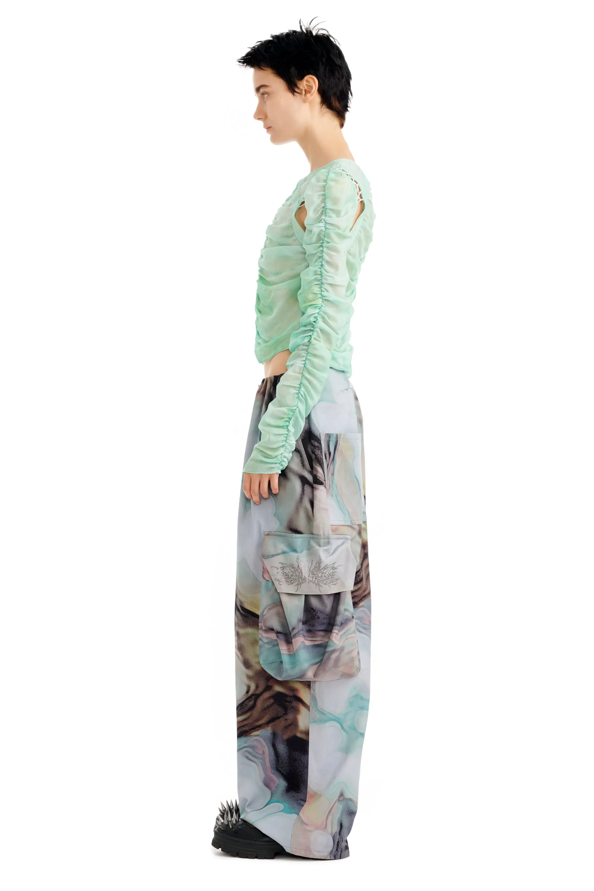 RHINESTONE OIL MOLD PLEATED CARGO PANT sold by Collina Strada product image thumbnail 4