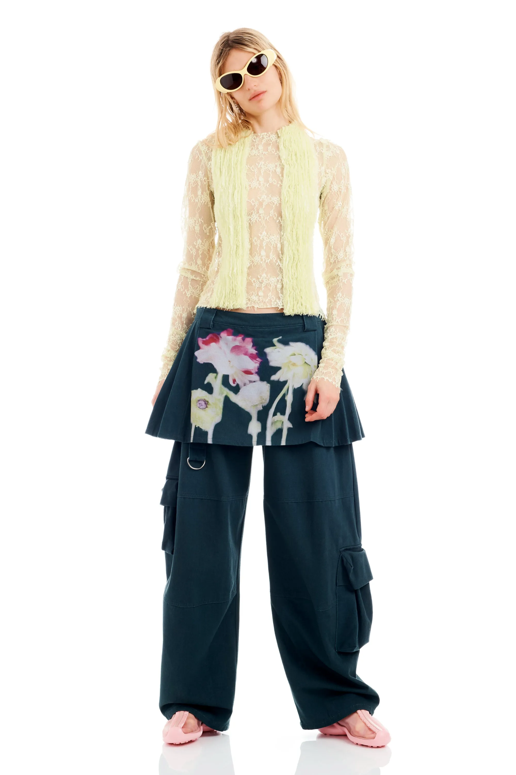 BLACK FLOWER DRIP LAWN SKIRT CARGO PANT sold by Collina Strada product image thumbnail 3