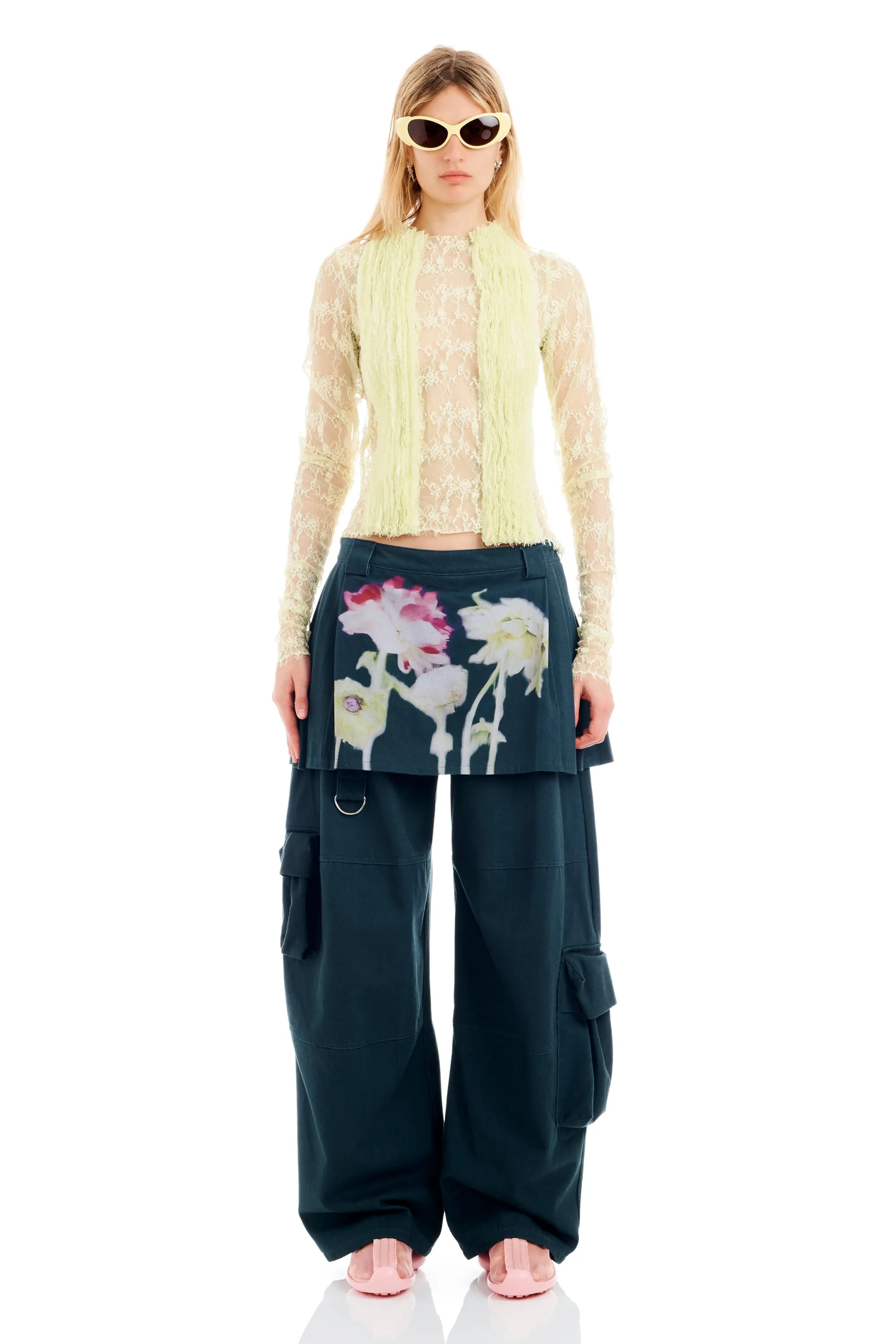 BLACK FLOWER DRIP LAWN SKIRT CARGO PANT sold by Collina Strada
