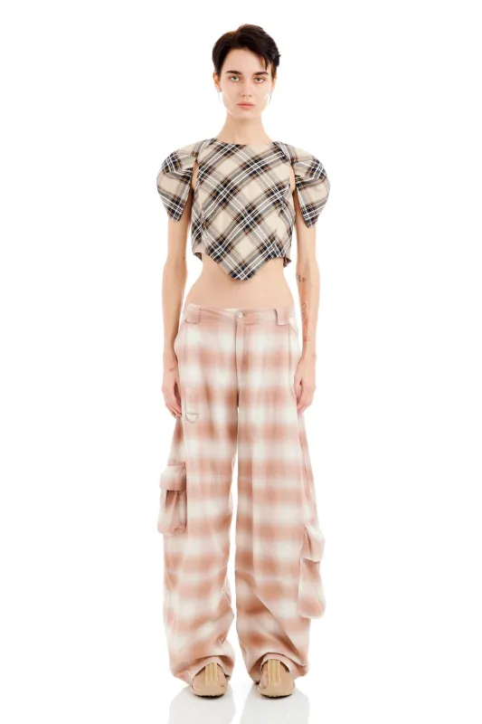 PEACH PLAID LAWN CARGO PANT sold by Collina Strada
