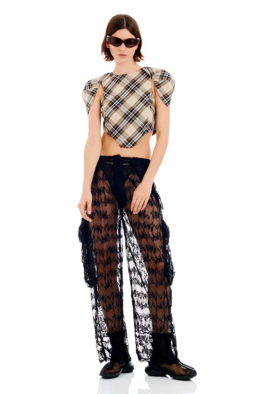 BLACK LACE PLEATED CARGO PANT made by Collina Strada