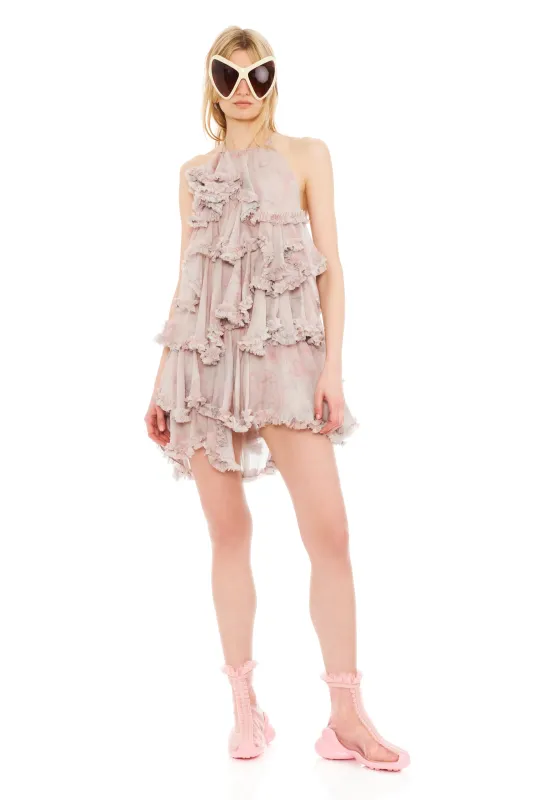 WASHED BEIGE WATERCOLOR ROSES FORGET-ME-NOT MINI DRESS made by Collina Strada