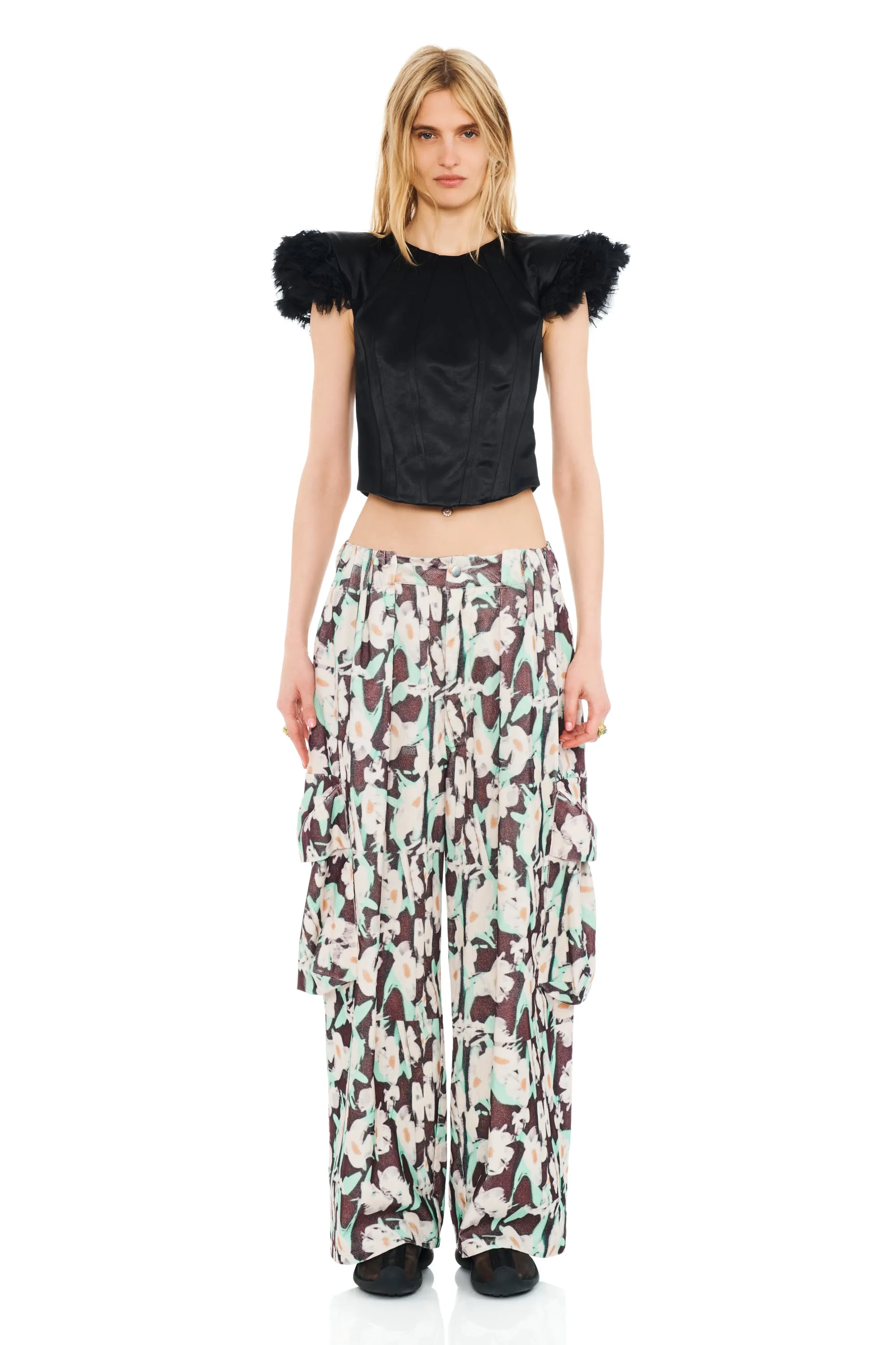 BLACK PAINTED DAISY PLEATED CARGO PANT sold by Collina Strada product image thumbnail 2