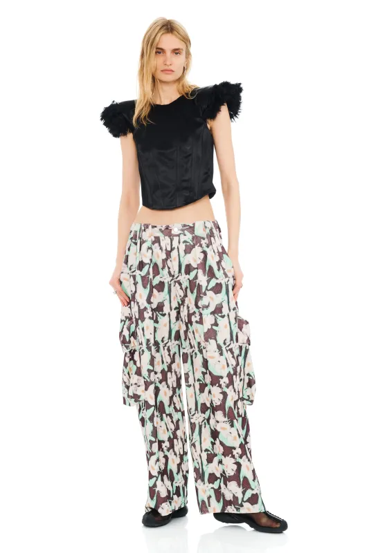 BLACK PAINTED DAISY PLEATED CARGO PANT sold by Collina Strada