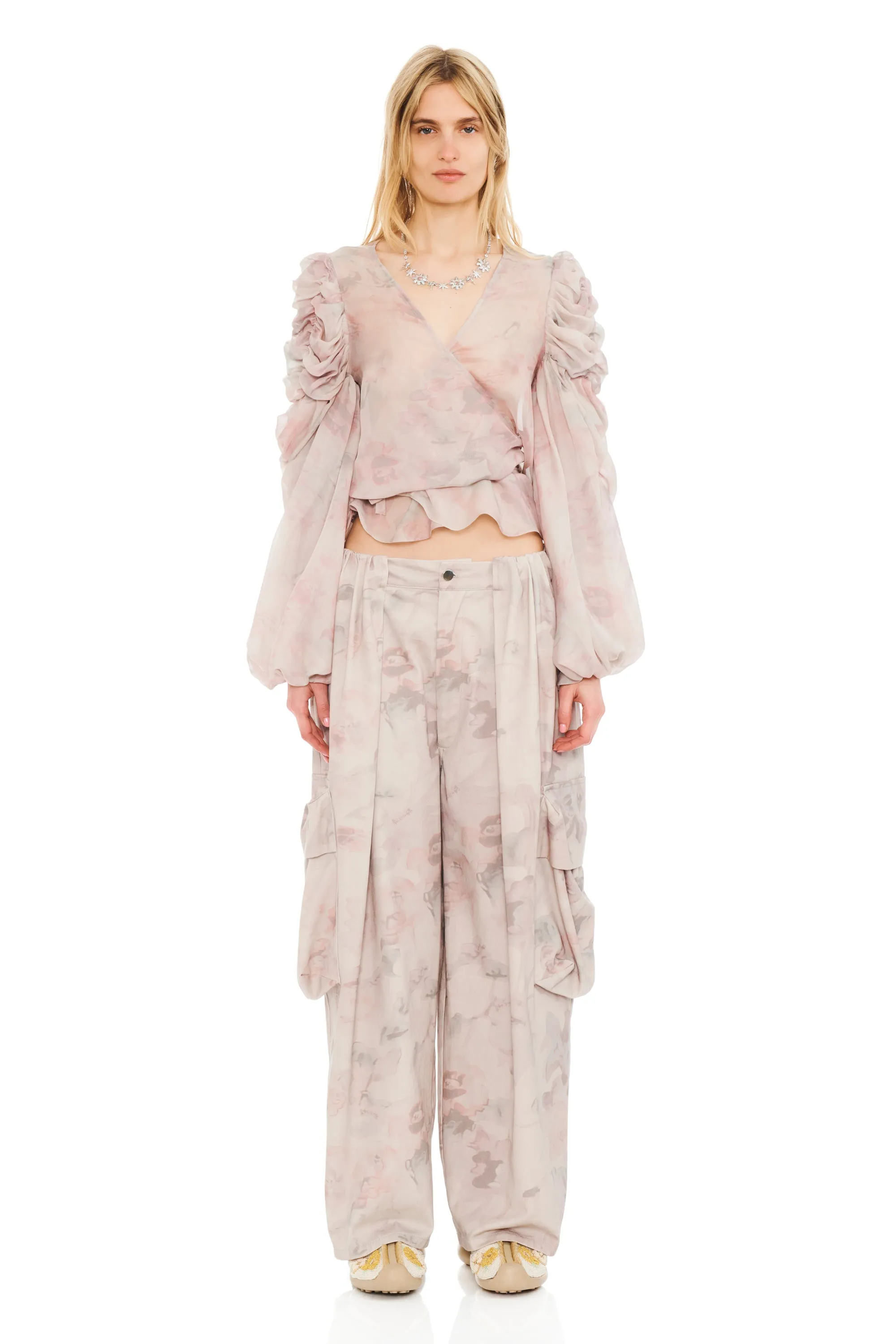 WASHED BEIGE WATERCOLOR ROSES PLEATED CARGO PANT sold by Collina Strada product image thumbnail 3