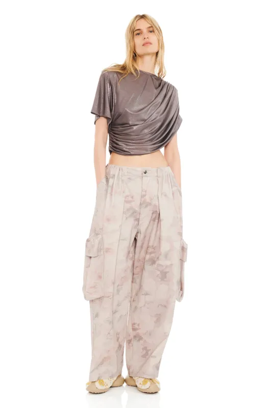 WASHED BEIGE WATERCOLOR ROSES PLEATED CARGO PANT sold by Collina Strada