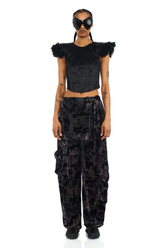 BLACK WATERCOLOR ROSES LAWN SKIRT CARGO PANT sold by Collina Strada