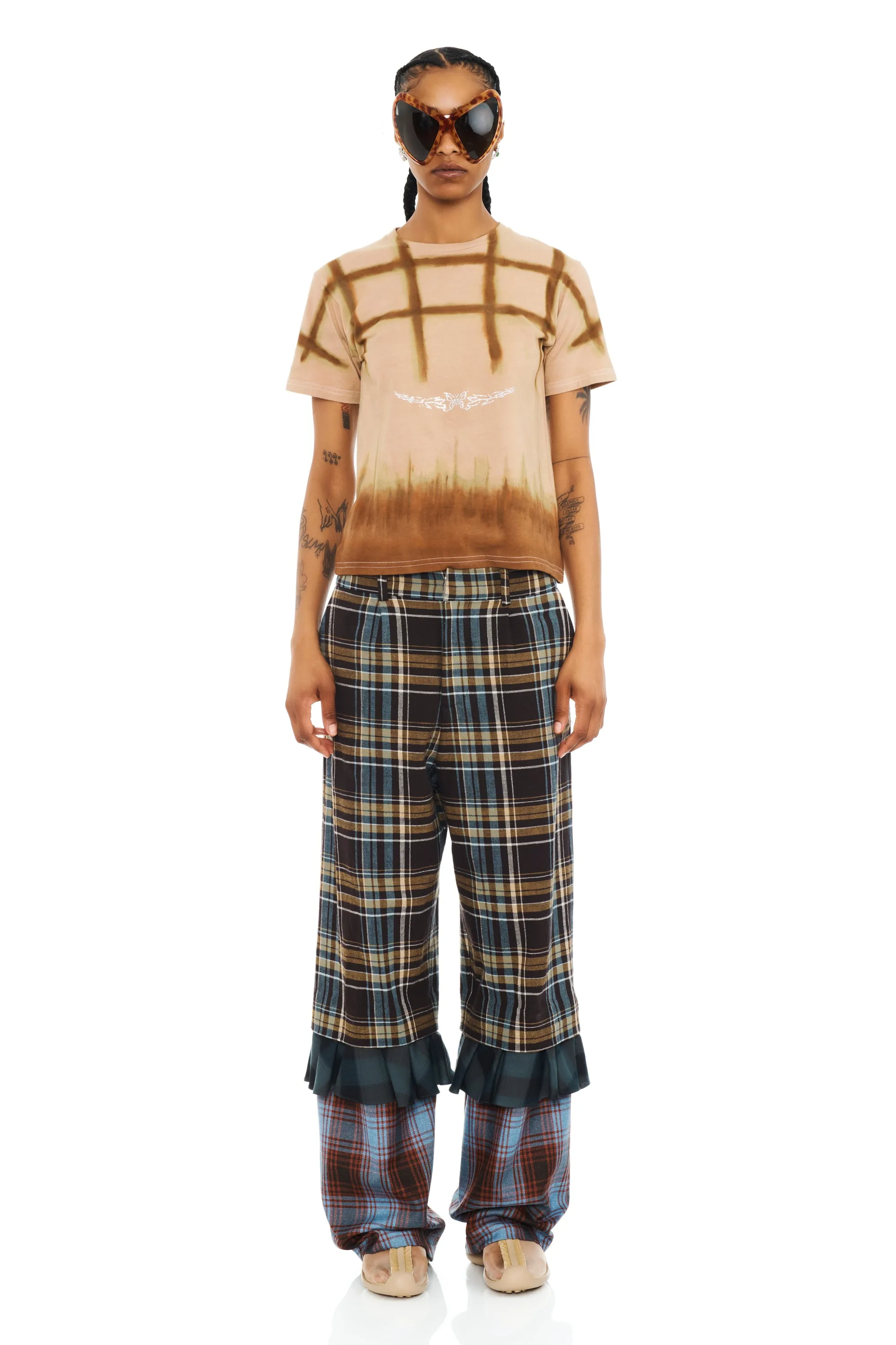 CAMEL PLAID PAINTED RHINESTONE TEE sold by Collina Strada