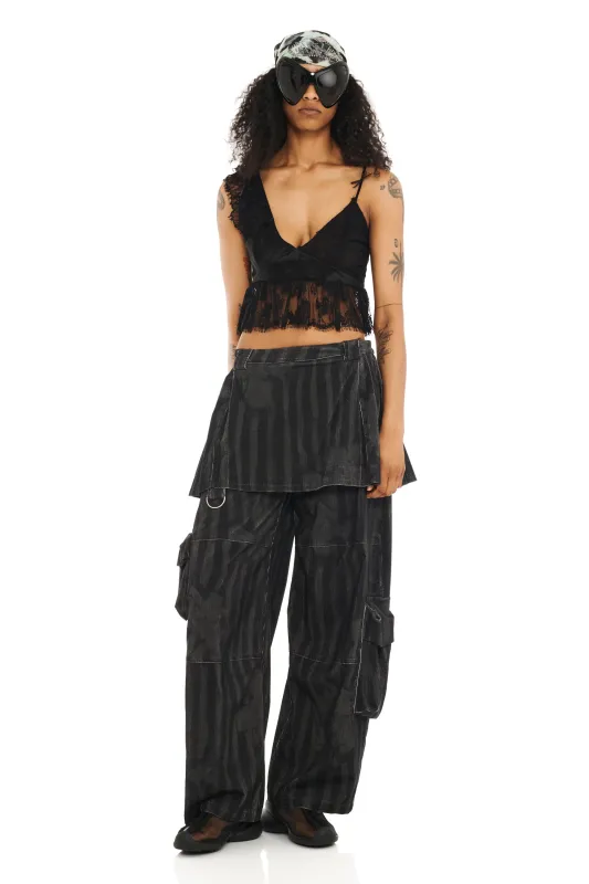 BLACK WAVY FLOWER STRIPE LAWN SKIRT CARGO PANT sold by Collina Strada