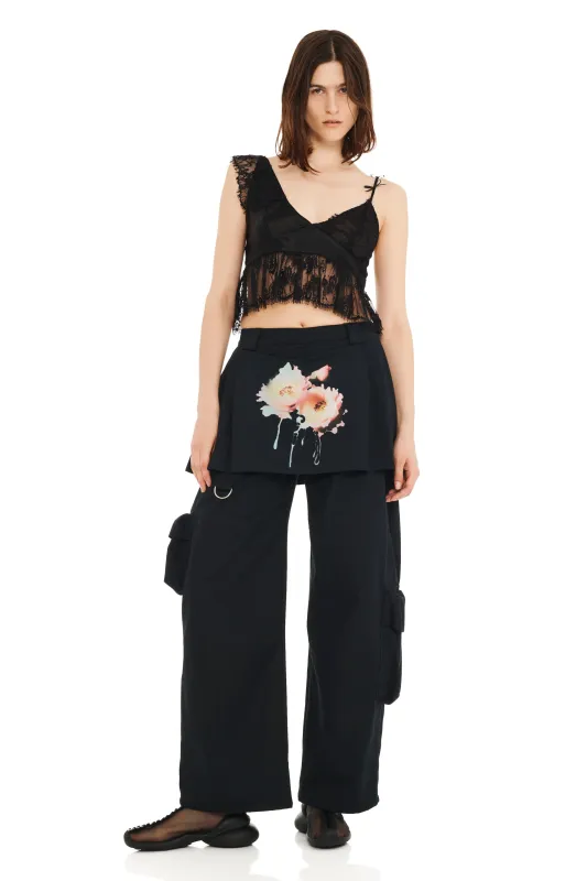 BLACK FLOWER DREAM LAWN SKIRT CARGO PANT made by Collina Strada