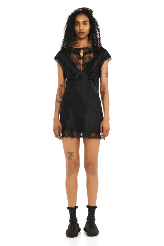 BLACK SATIN WATERLILY MINI DRESS made by Collina Strada