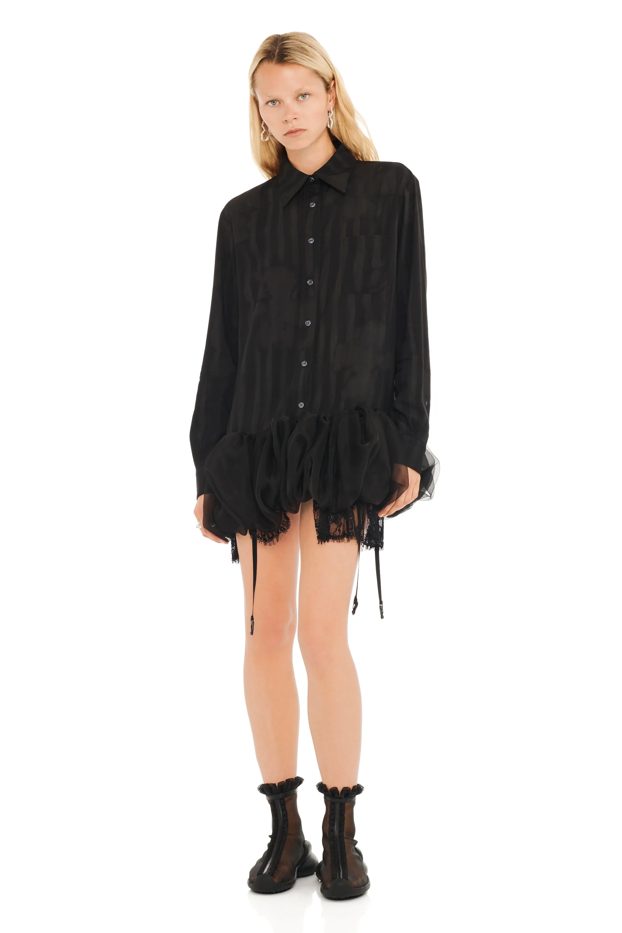 BLACK WAVY FLOWER STRIPE VALERIAN DRESS sold by Collina Strada