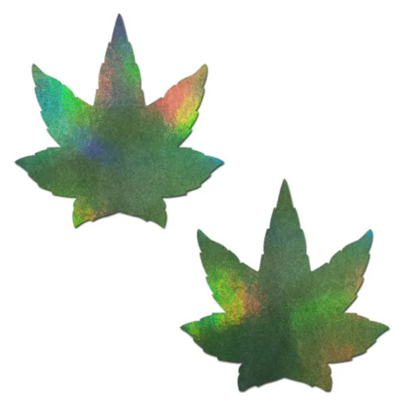 Indica Pot Leaf: Green Holographic Weed Nipple Pasties sold by Shoe Freaks