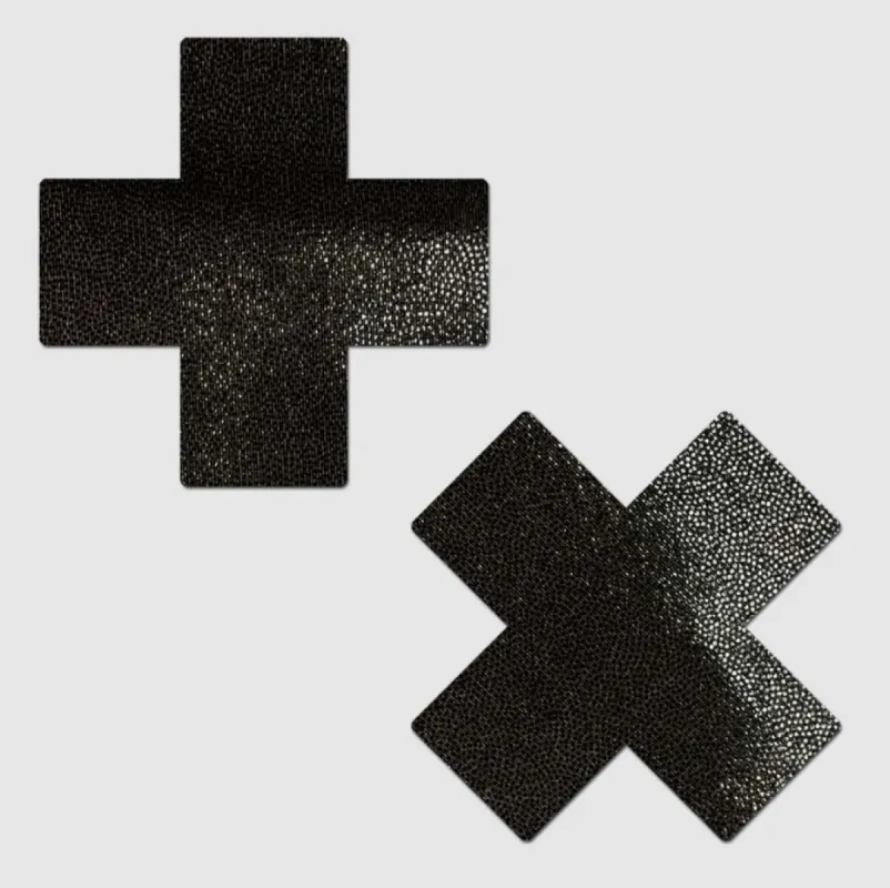 Plus X: Liquid Black Cross Nipple Pasties sold by Shoe Freaks