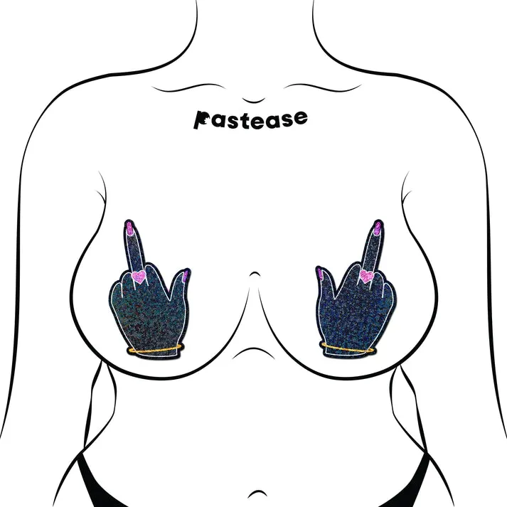 Middle Finger Pasties: Glittering F*ck You Lady Hands Nipple Covers sold by Shoe Freaks product image thumbnail 3