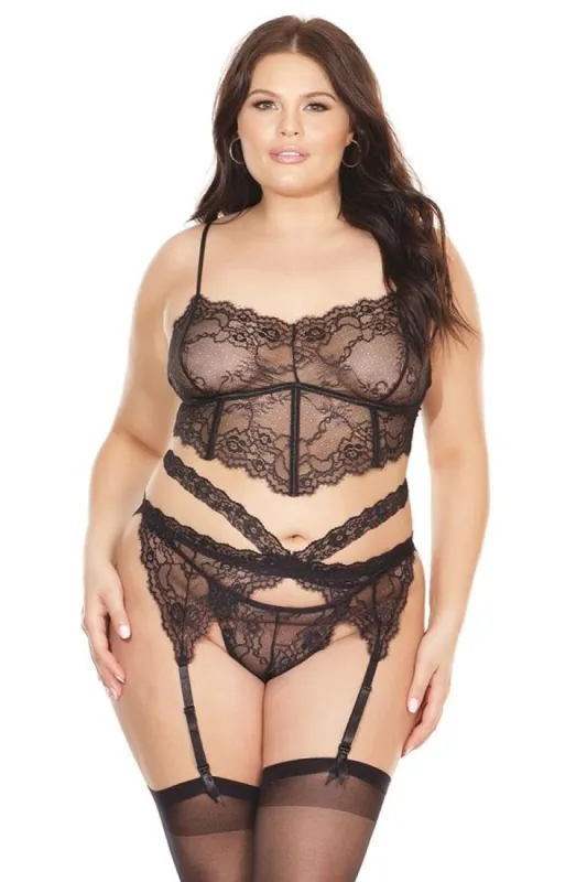 Scallop Stretch Lace Bra, Garter Belt & G-String Set sold by Shoe Freaks