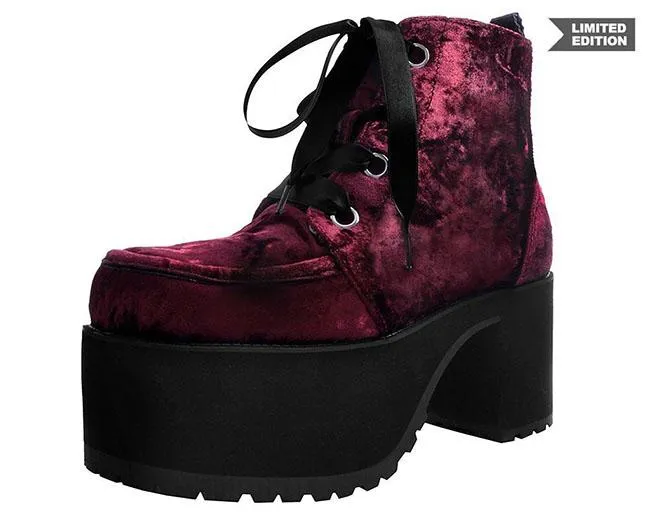 TUK-A9347L Burgundy Crushed Velvet Nosebleed Boot sold by Shoe Freaks