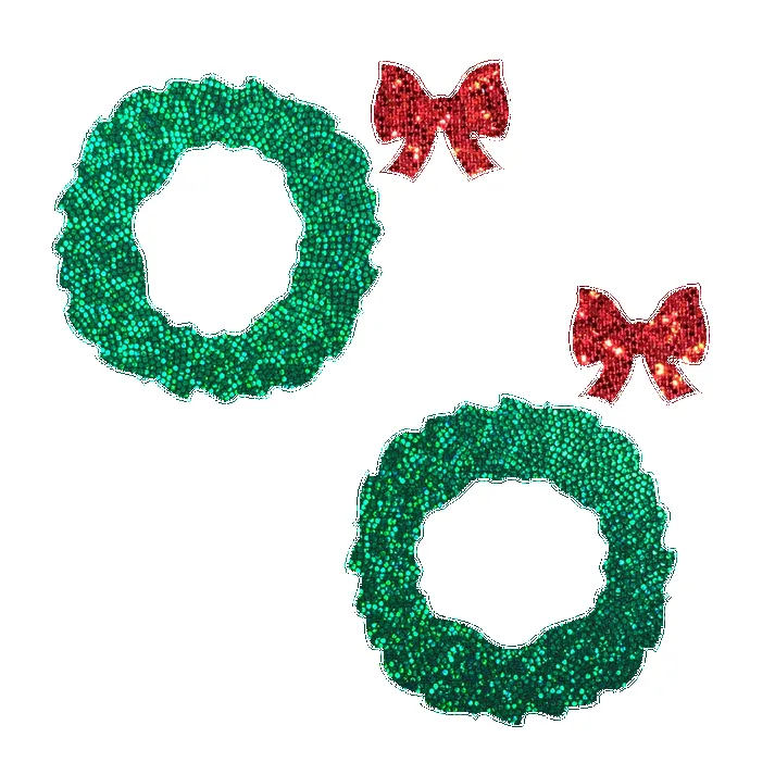 Peek-a-Boob: Green Glitter Wreath with Red Glitter Bow Nipple Pasties sold by Shoe Freaks