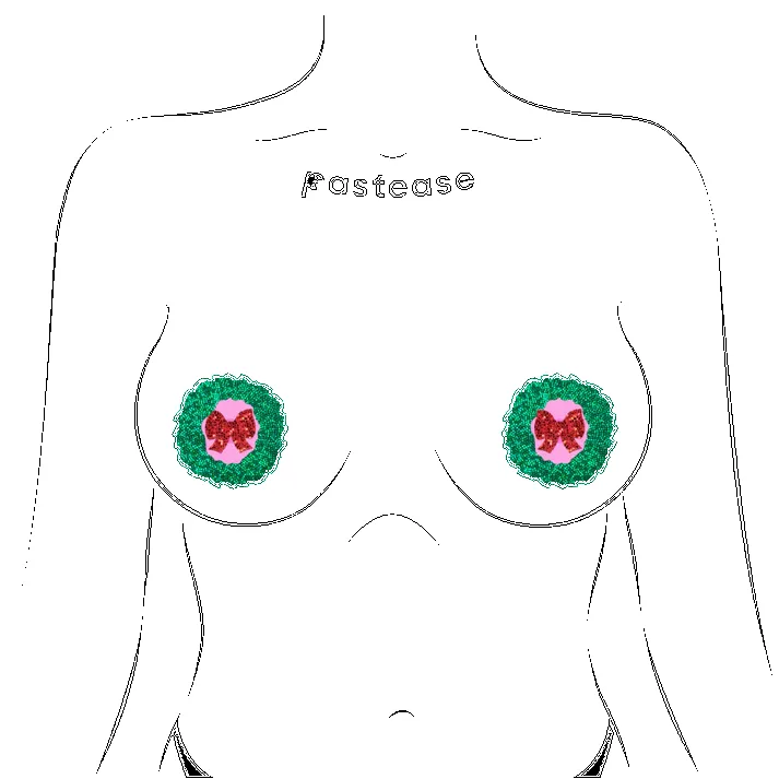 Peek-a-Boob: Green Glitter Wreath with Red Glitter Bow Nipple Pasties sold by Shoe Freaks product image thumbnail 2