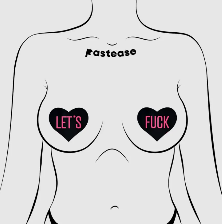 Love: 'Let's Fuck' Black Heart on Neon Pink Base Nipple Pasties sold by Shoe Freaks product image thumbnail 2
