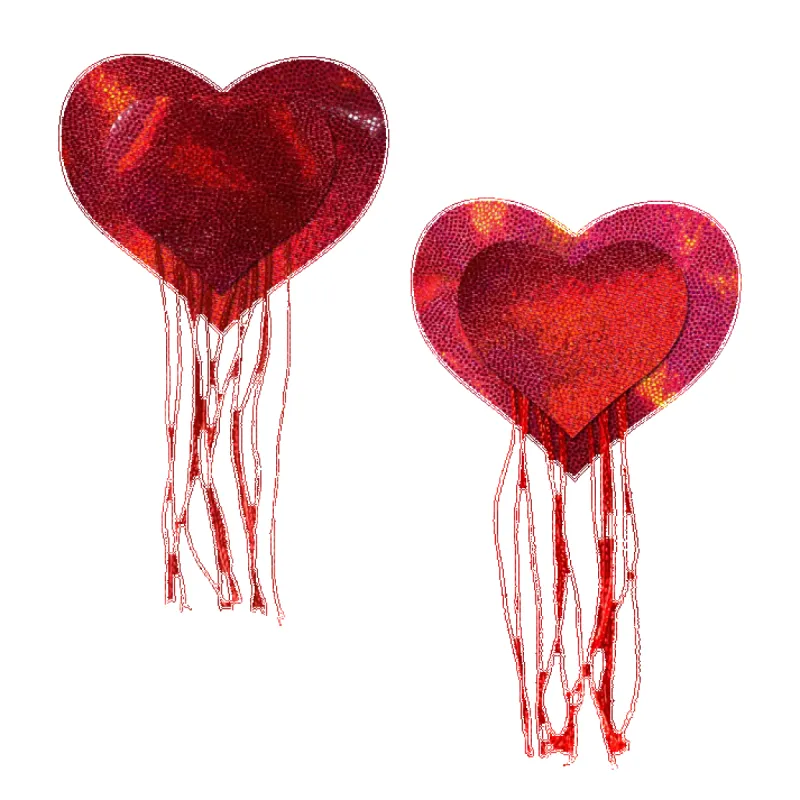 Tassels: Red Holographic Hearts with Tassel Fringe Nipple Pasties sold by Shoe Freaks