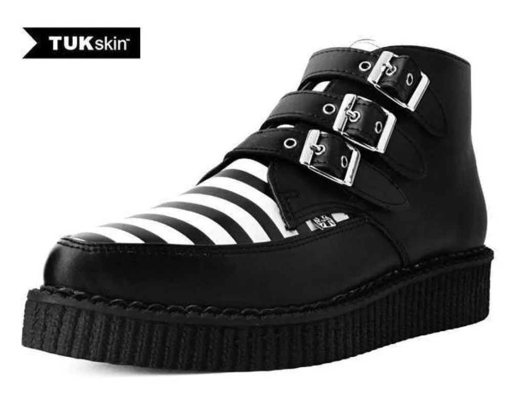 TUK A9659 Black & White Stripe 3-Buckle Pointed Boot sold by Shoe Freaks