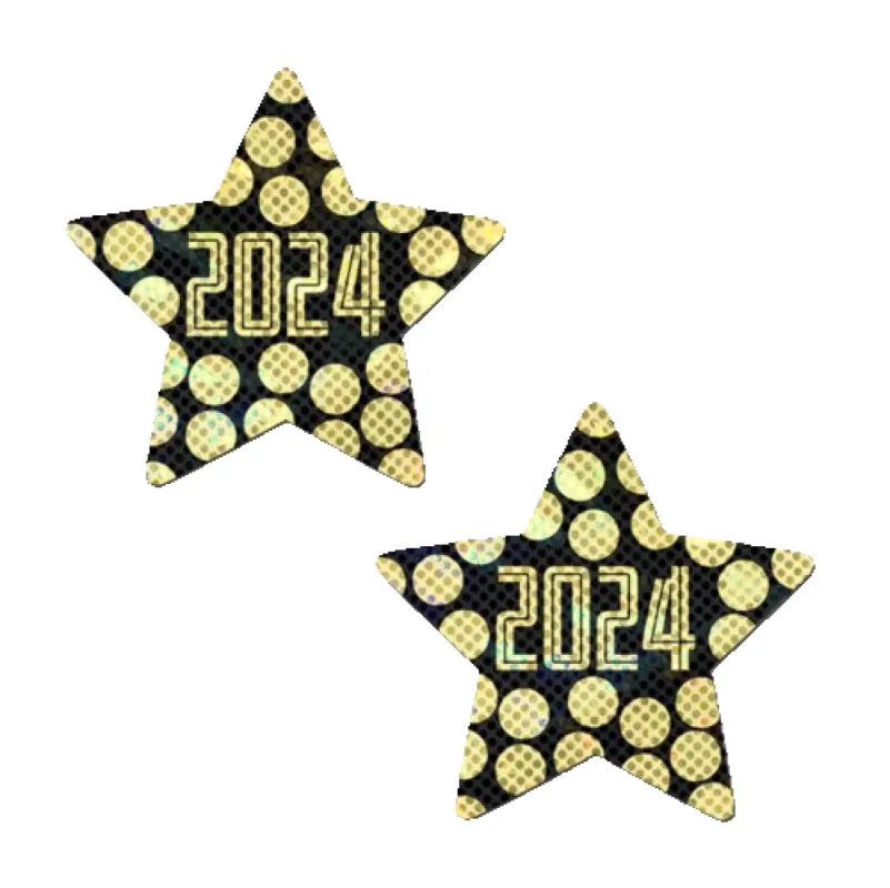Happy New Year Pasties 2024 Black & Gold Star Nipple Covers sold by Shoe Freaks