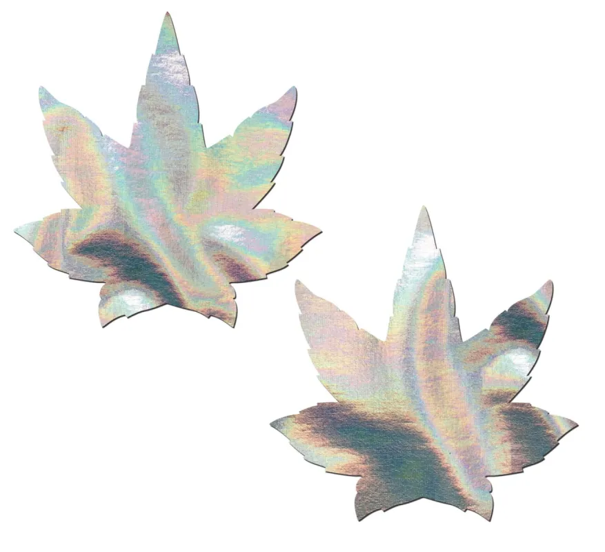 Indica Pot Leaf: Silver Holographic Weed Nipple Pasties sold by Shoe Freaks