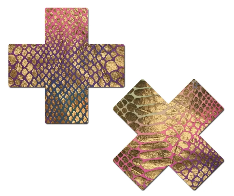 Plus X: Gold Holographic Snake Print on Pastel Tie-Dye Cross Nipple Pasties sold by Shoe Freaks