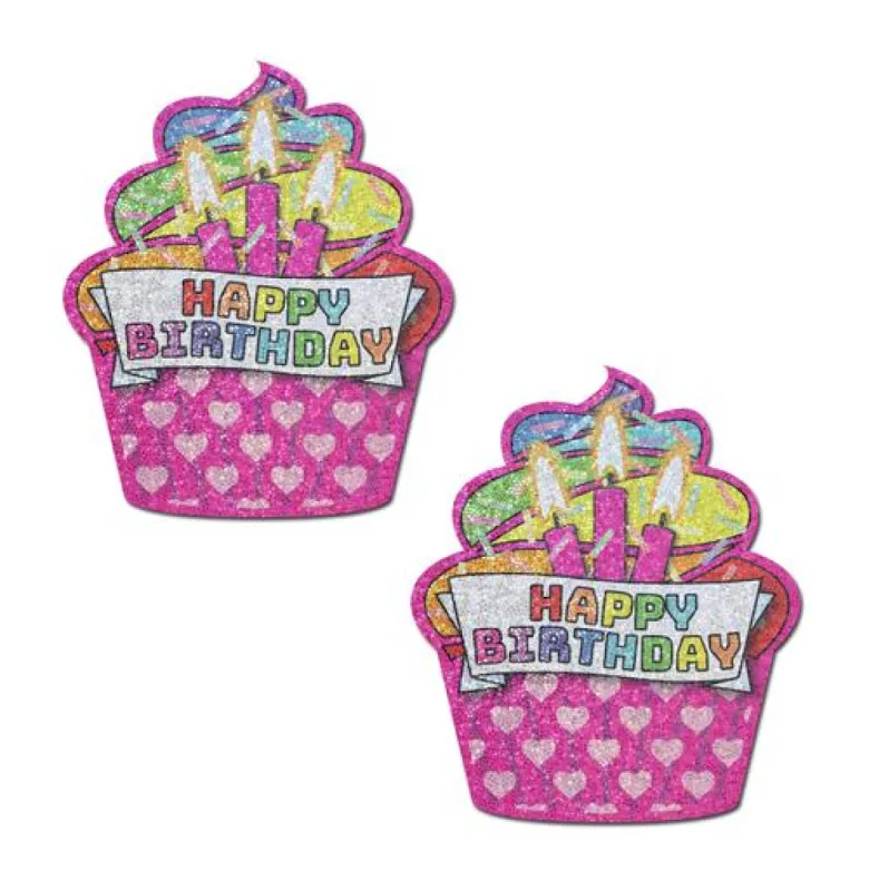 Cupcake: Pink & Multi-Color Glitter Happy Birthday Nipple Pasties sold by Shoe Freaks