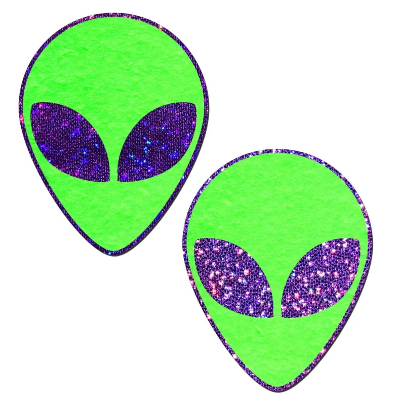 Alien: Neon/Glow in the Dark Green & Purple Glitter Eyes Nipple Pasties sold by Shoe Freaks