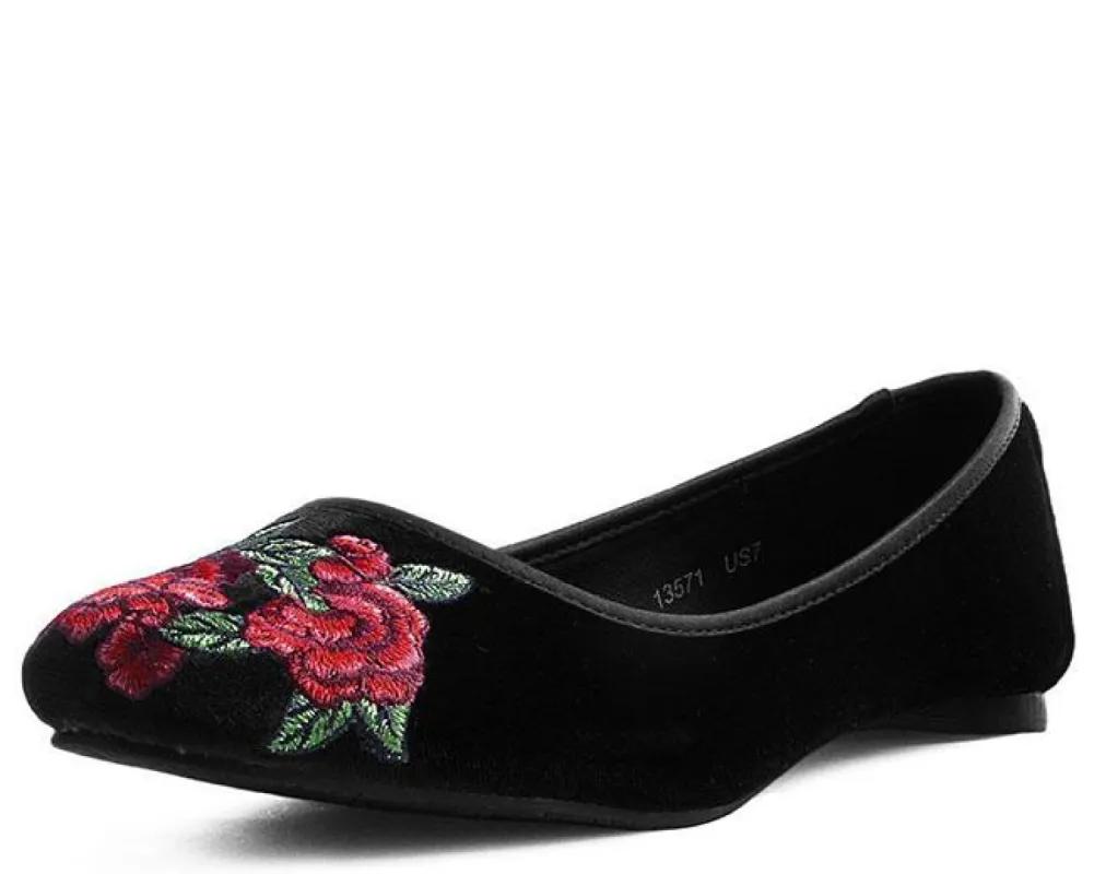 TUK-A9432L Velvet Vegan Rose Embroidered Flat sold by Shoe Freaks