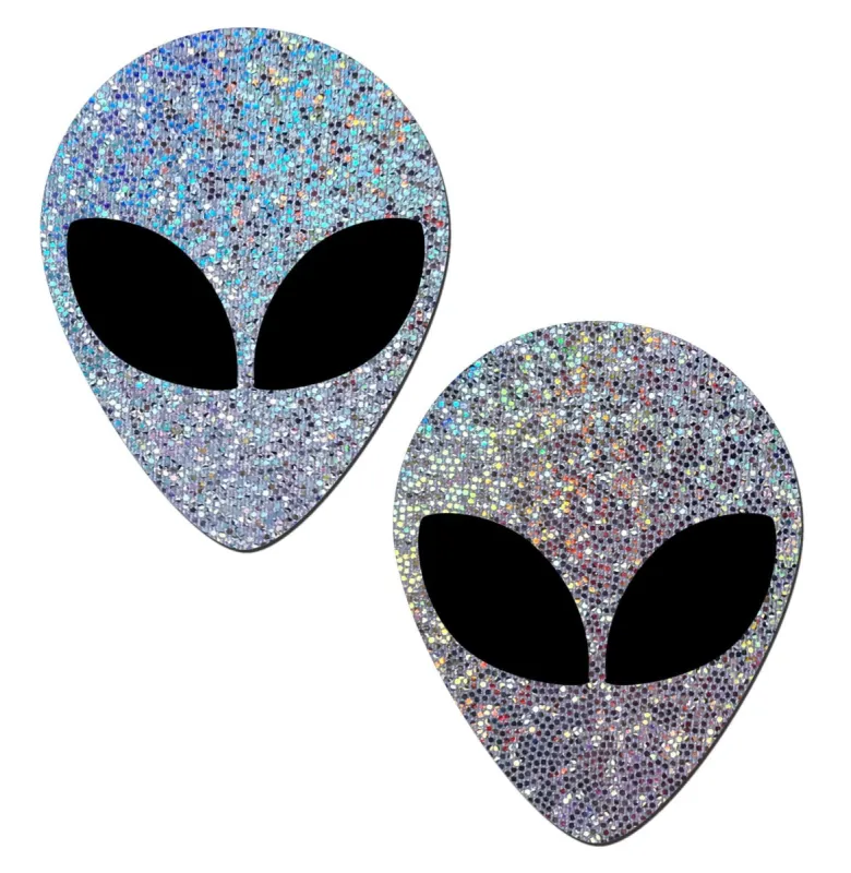 Alien: Glitter Silver Alien with Spacey Black Eyes Nipple Pasties sold by Shoe Freaks