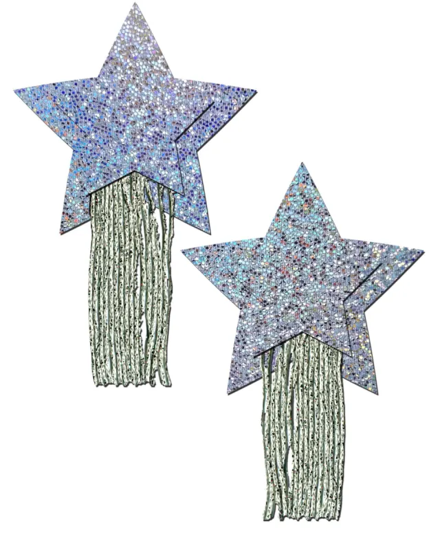 Star: Tassel Pasties: Silver Glitter Star with Fringe Nipple Pasties sold by Shoe Freaks