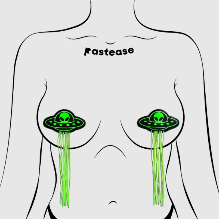 Tassel UFO Alien Glow-in-the-Dark Neon Green on Black Nipple Pasties sold by Shoe Freaks product image thumbnail 2
