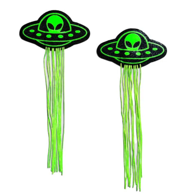 Tassel UFO Alien Glow-in-the-Dark Neon Green on Black Nipple Pasties sold by Shoe Freaks
