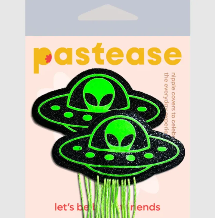 Tassel UFO Alien Glow-in-the-Dark Neon Green on Black Nipple Pasties sold by Shoe Freaks product image thumbnail 3