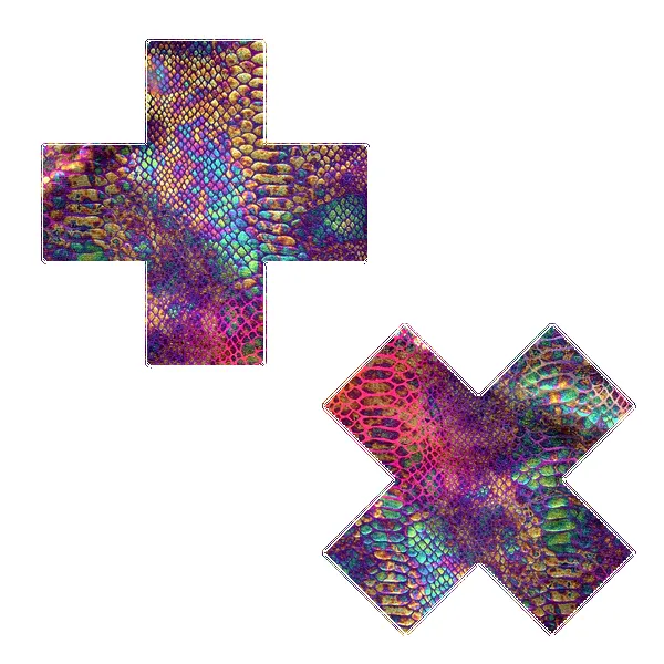 Plus X: Neon Rainbow Tie Dye Snake Print Cross Nipple Pasties sold by Shoe Freaks