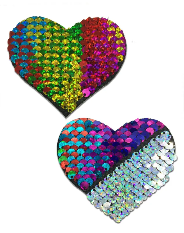 Love: Rainbow & Silver Glitter Color Changing Sequin Heart Nipple Pasties sold by Shoe Freaks