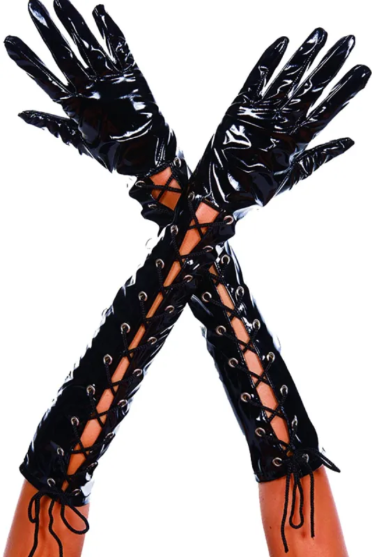 Wet Look Ribbon Lace Up Gloves sold by Shoe Freaks