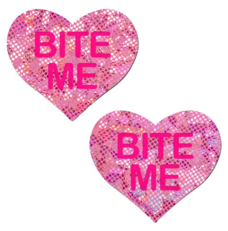 Love: Disco Pink Heart with 'Bite Me' Nipple Pasties sold by Shoe Freaks
