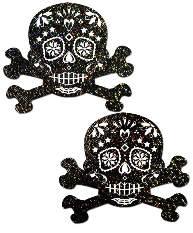 Skull: Black Glitter Candy Skull & Crossbones Nipple Pasties sold by Shoe Freaks