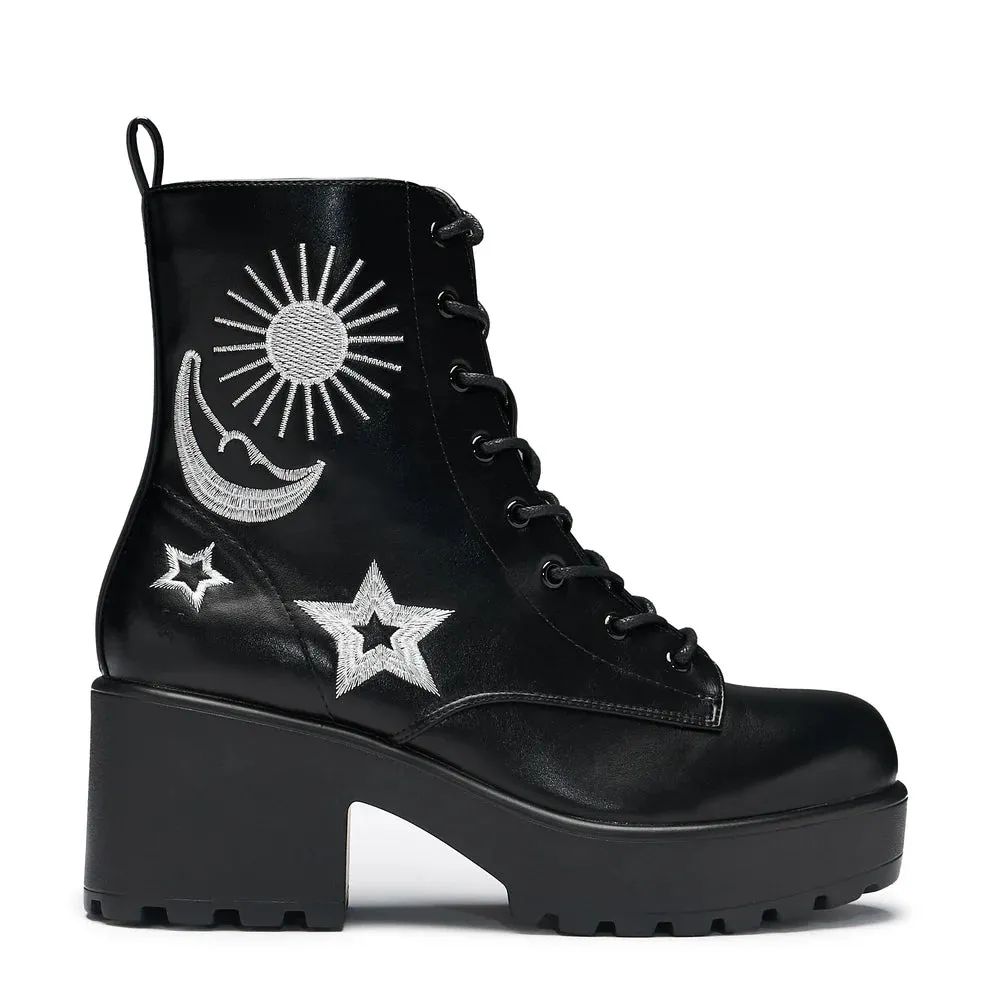 Astro Silver Star & Moon Chunky Boots-Black-Size 5-Clearance sold by Shoe Freaks