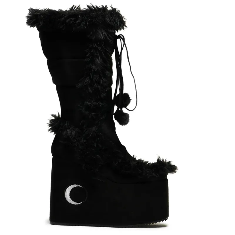 La Push Crescent Platform Faux Fur Long Boots - Black sold by Shoe Freaks