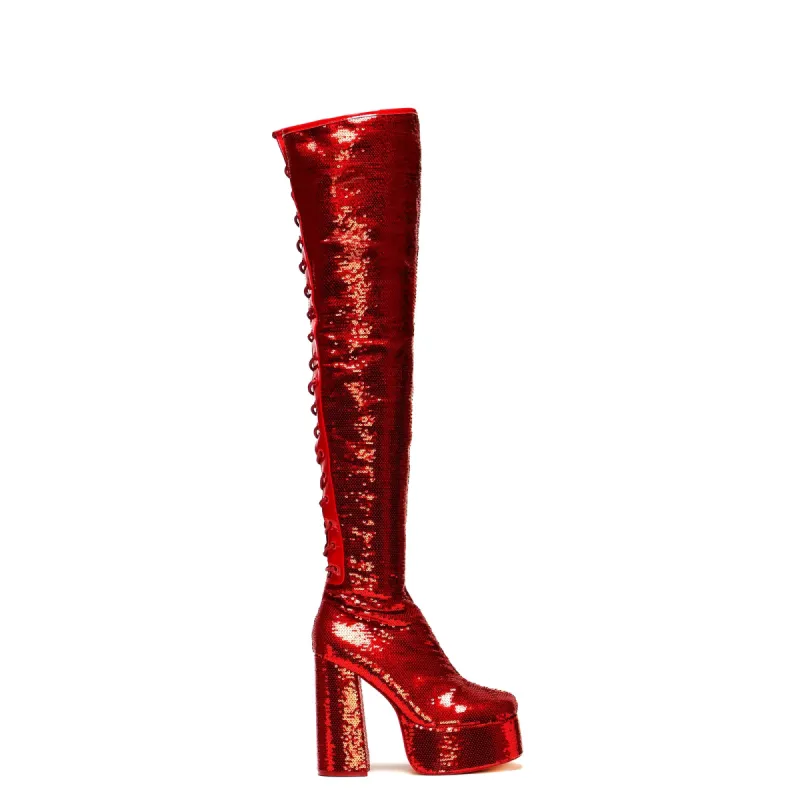 Creature of the Night Sequin Long Boots - Red sold by Shoe Freaks